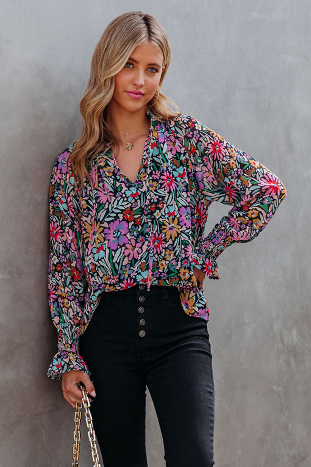 Multicolor Floral Long Sleeve V-Neck Blouse Tops & Tees JT's Designer Fashion