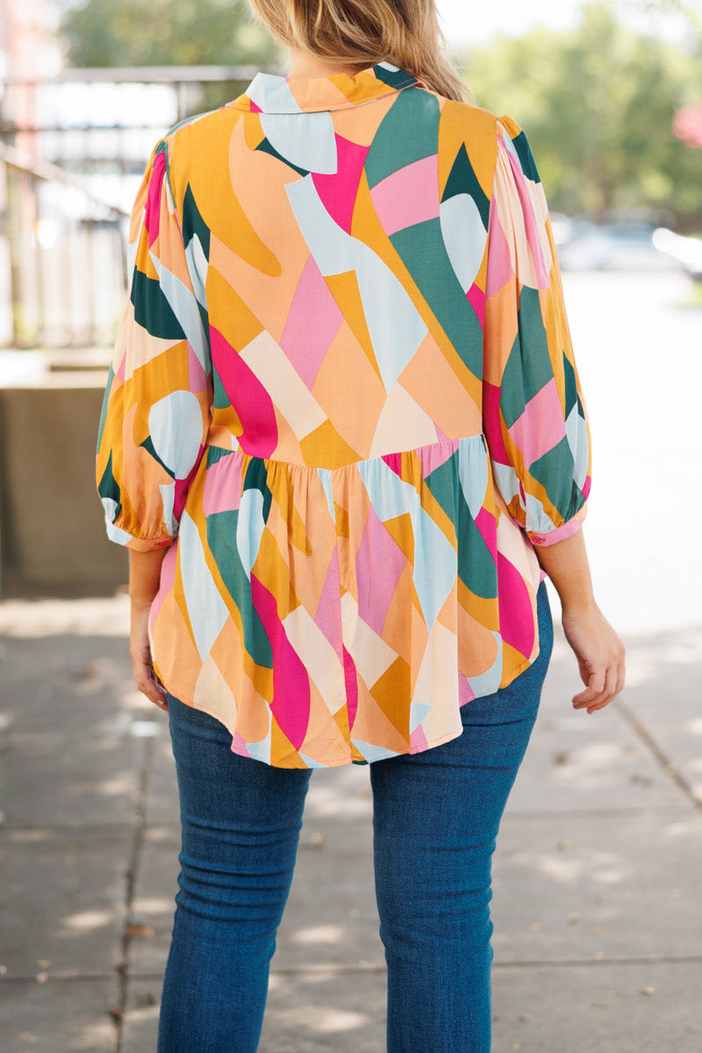 Ginger Plus Size Geometric Print Bracelet Sleeve Flowy Blouse Plus Size JT's Designer Fashion