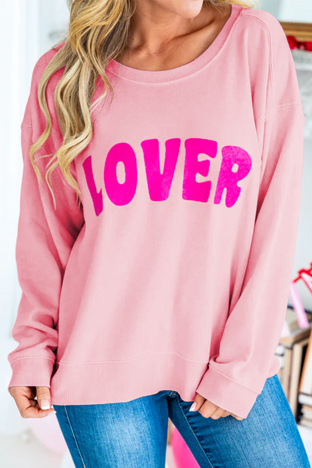 Pink LOVER Printed Valentines Casual Sweatshirt Pink 70%Polyester+30%Cotton Graphic Sweatshirts JT's Designer Fashion