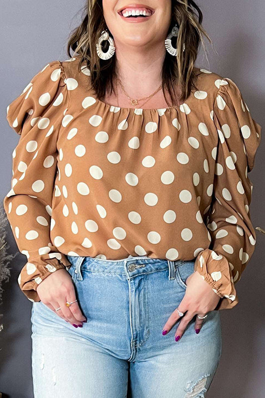 Khaki Polka Dot Printed Puff Sleeve Plus Size Blouse Plus Size JT's Designer Fashion