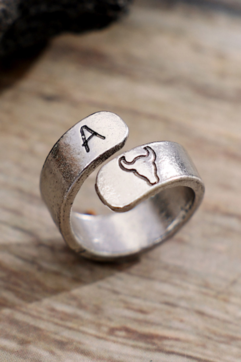 Silver Western Bull Head Alphabet Carving Ring Jewelry JT's Designer Fashion