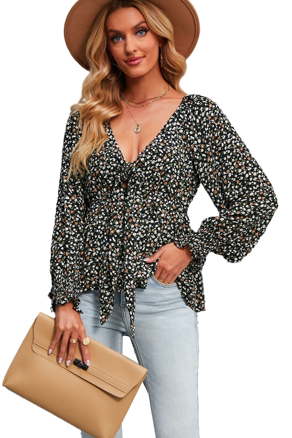 Black Floral Print Front Tie Ruffled Long Sleeve Blouse Blouses & Shirts JT's Designer Fashion