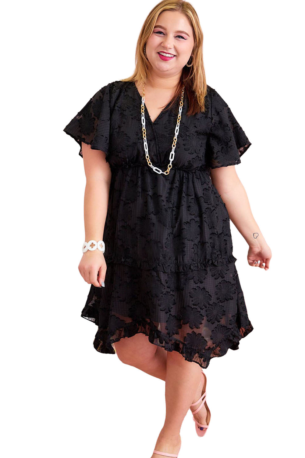 Black Floral Jacquard Flutter Sleeve Plus Size Mini Dress Plus Size Dresses JT's Designer Fashion