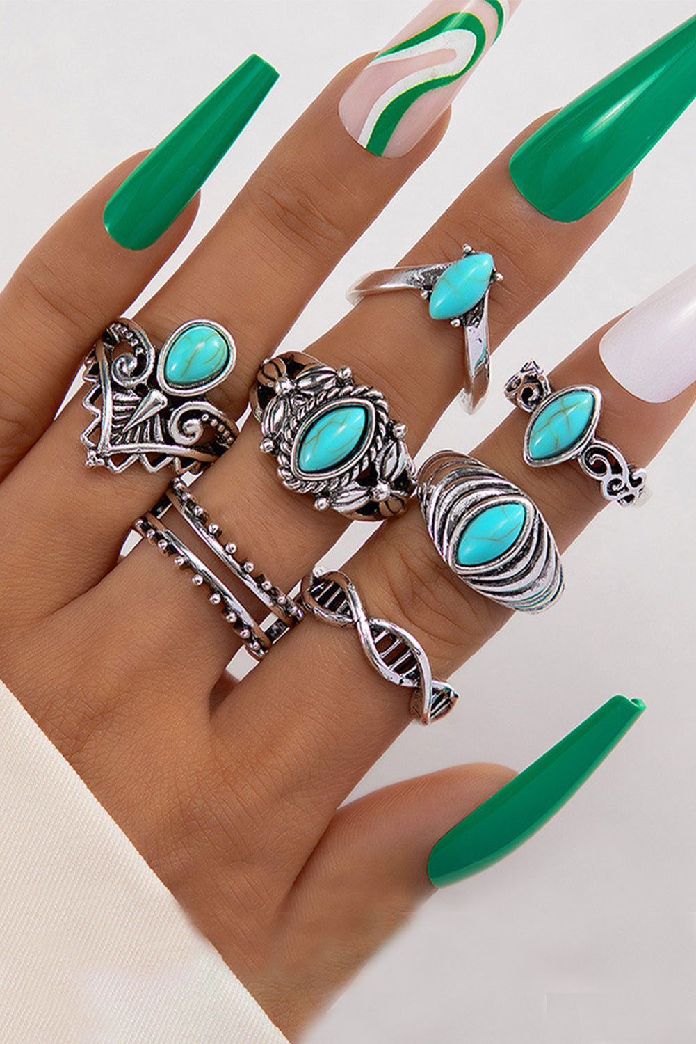 Green 7pcs Turquoise Inlay Vintage Rings Set Jewelry JT's Designer Fashion