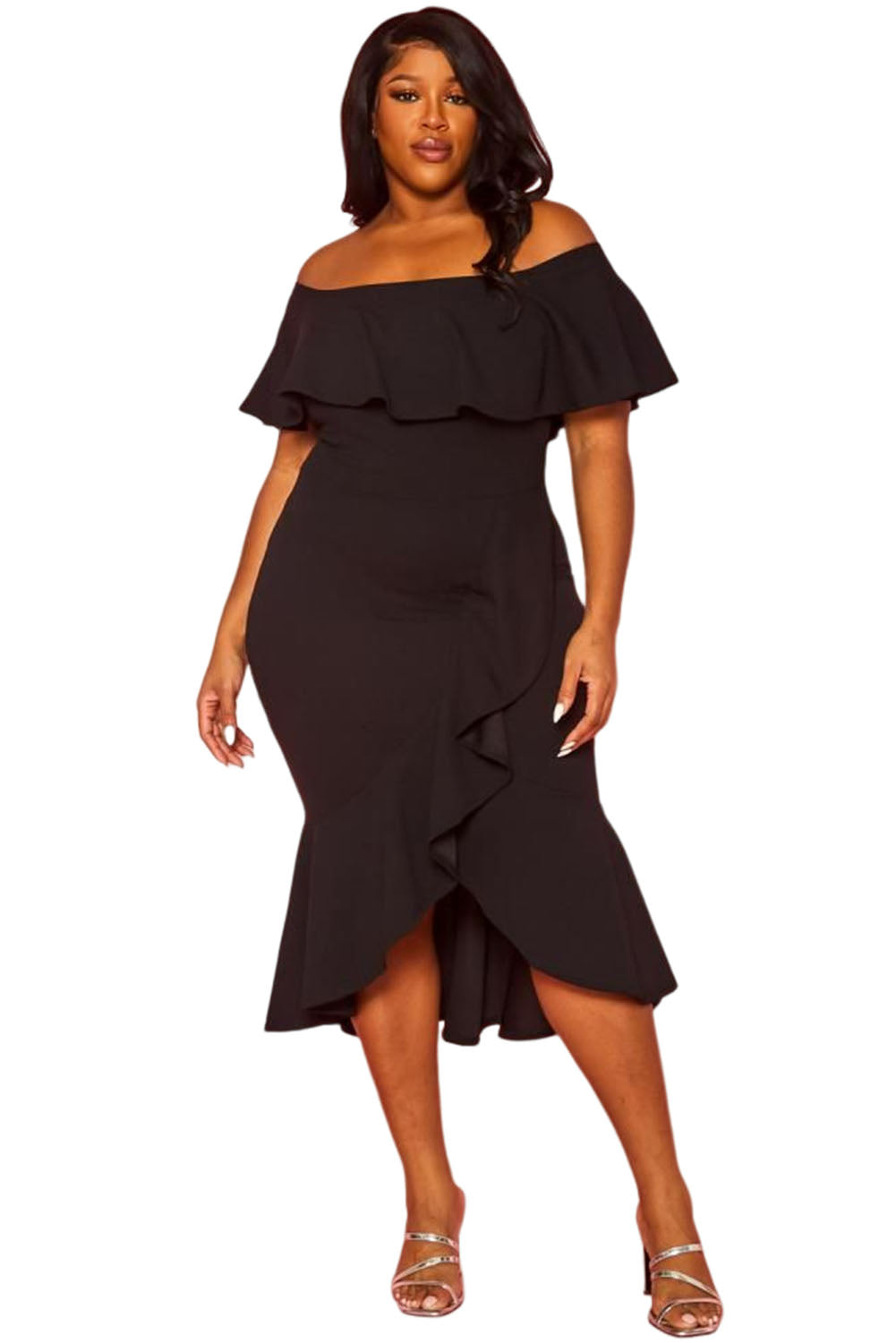 Black Ruffled Off Shoulder High Low Plus Size Dress Plus Size JT's Designer Fashion