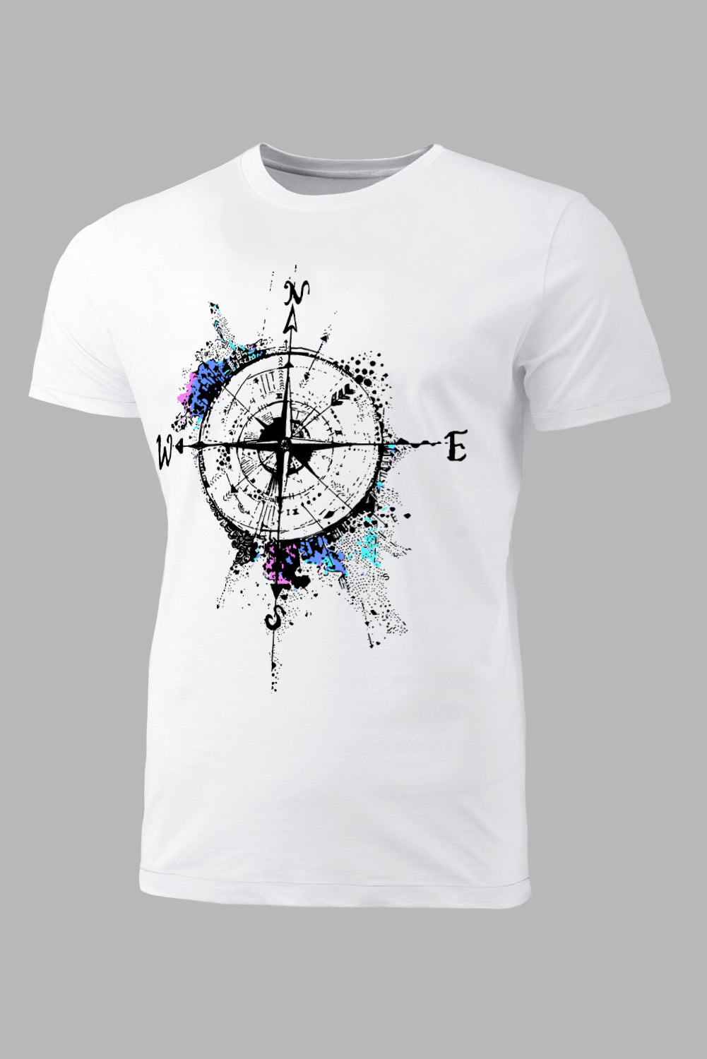 White Vintage Compass Print Mens Short Sleeve T Shirt White 62%Polyester+32%Cotton+6%Elastane Men's Tops JT's Designer Fashion