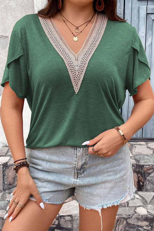 Blackish Green Embroidery V Neck Draped Sleeve Plus Size Blouse Plus Size JT's Designer Fashion