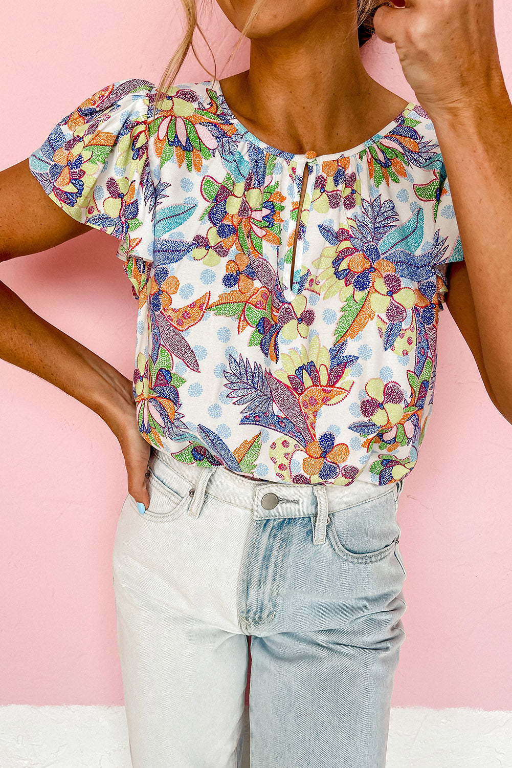 Sky Blue Floral Buttoned Round Neck Ruffled Sleeve Blouse Sky Blue 100%Polyester Blouses & Shirts JT's Designer Fashion