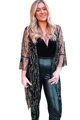 Black Sequin Sheer Long Sleeve Open Front Kimono Kimonos JT's Designer Fashion