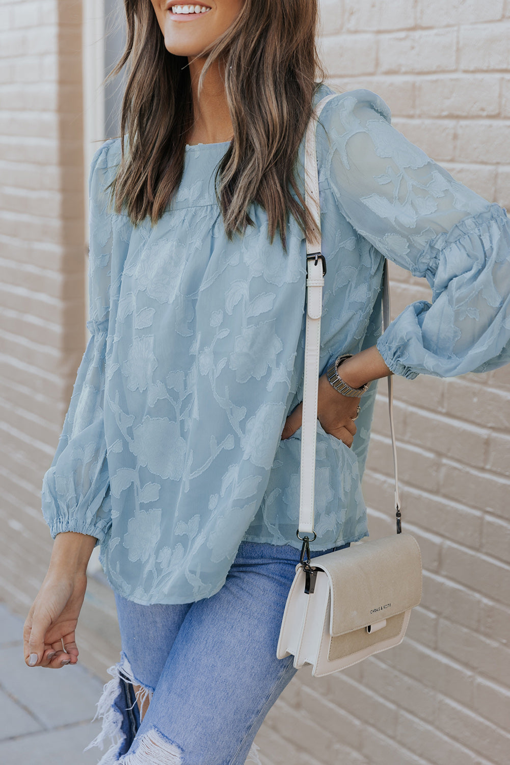 Blue Textured Ruffle Lantern Sleeve Babydoll Blouse Blouses & Shirts JT's Designer Fashion