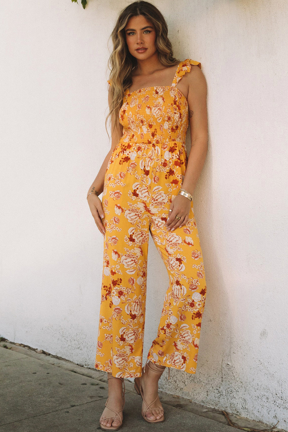 Yellow Floral Print Ruffle Shoulder Smocked Wide Leg Jumpsuit Yellow 100%Viscose Jumpsuits & Rompers JT's Designer Fashion