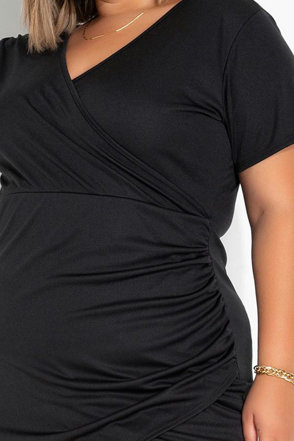 Black Wrap Ruched Short Sleeves Plus Size Mini Dress Plus Size Dresses JT's Designer Fashion