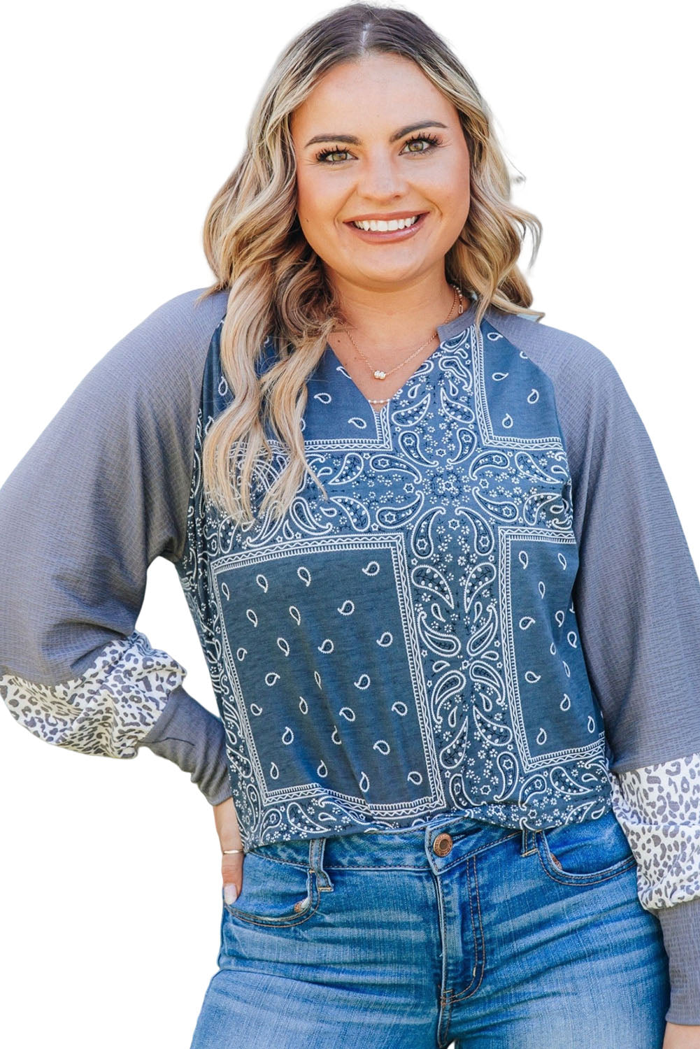 Sky Blue Leopard Paisley Patchwork Split Neck Plus Size Top Plus Size JT's Designer Fashion