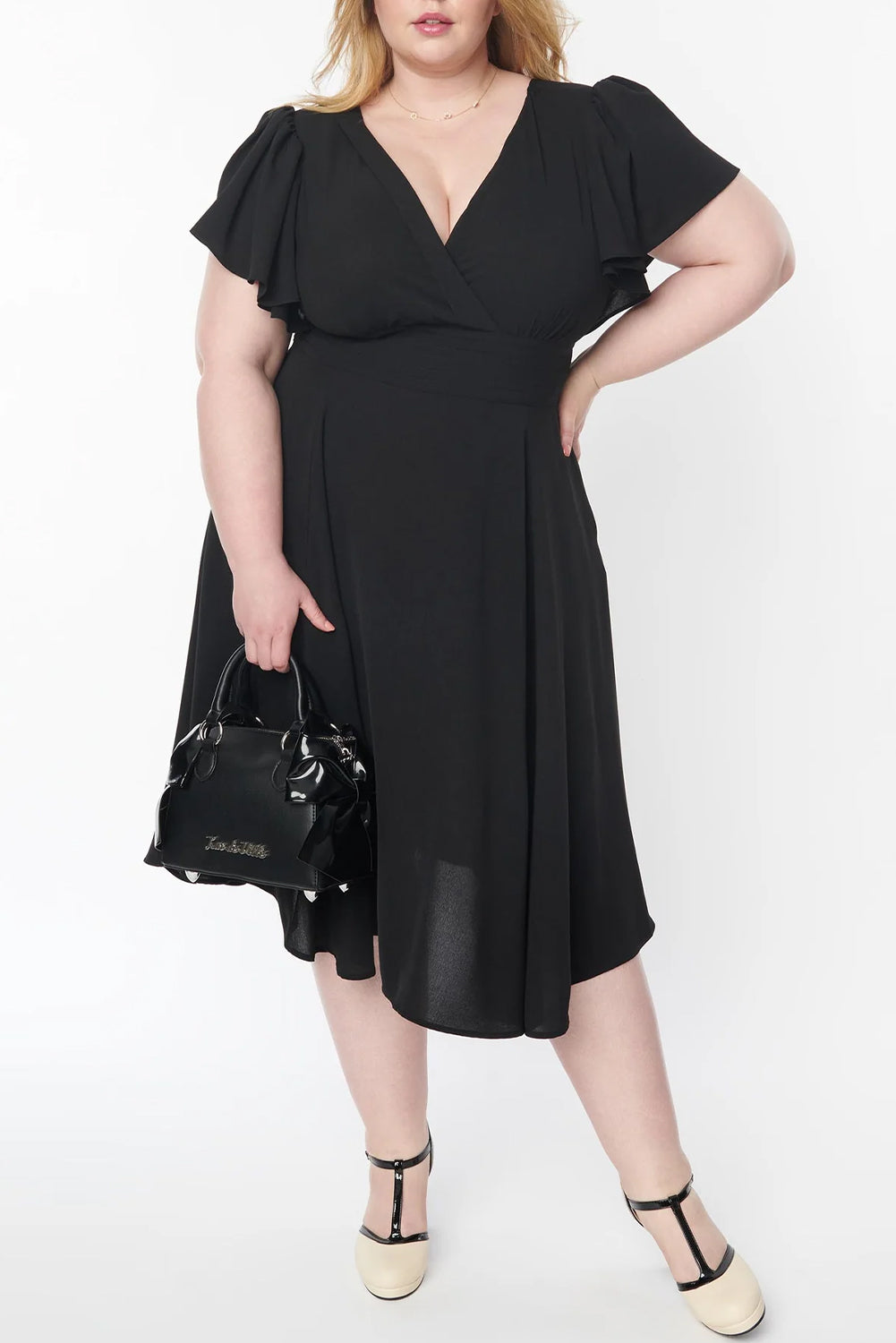 Black Plus Size Flutter Sleeve V Neck Midi Dress Black 100%Polyester Plus Size Dresses JT's Designer Fashion