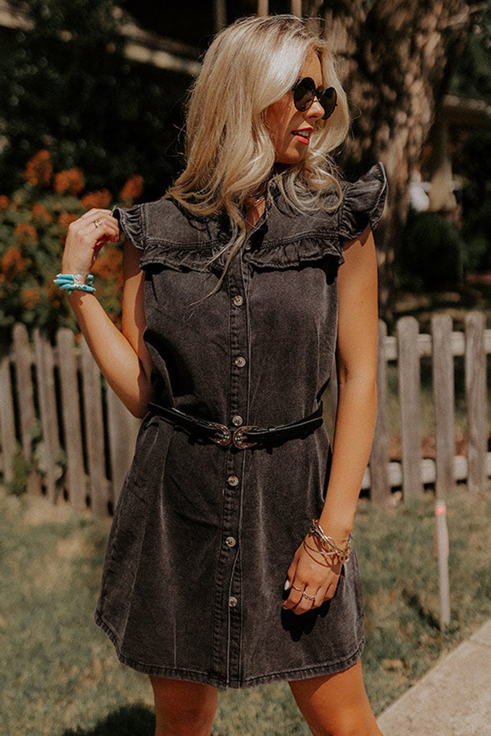 Black Ruffled Cap Sleeves Button Up Denim Dress Mini Dresses JT's Designer Fashion