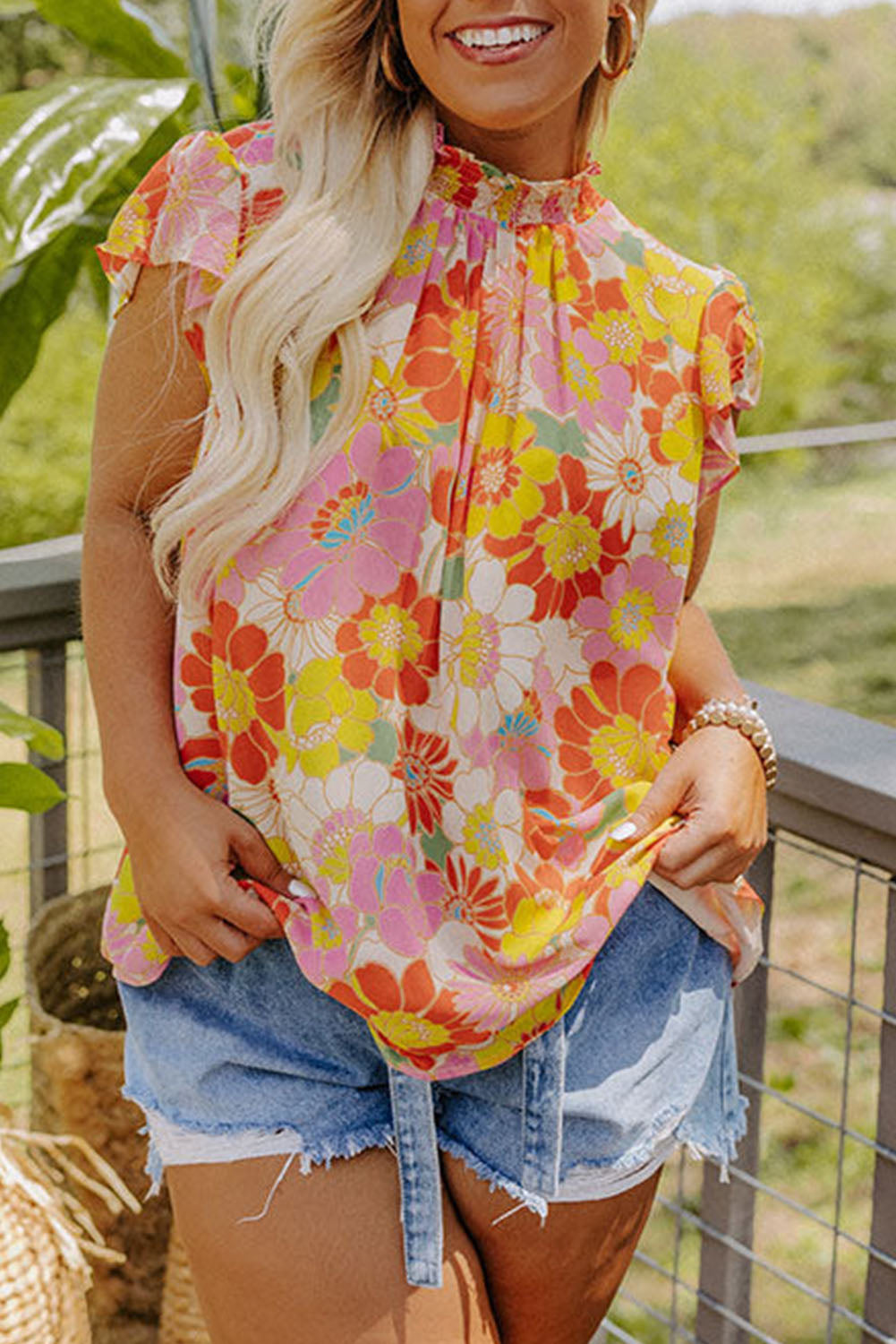 Multicolor Plus Size Mock Neck Ruffle Sleeve Floral Blouse Plus Size Tops JT's Designer Fashion