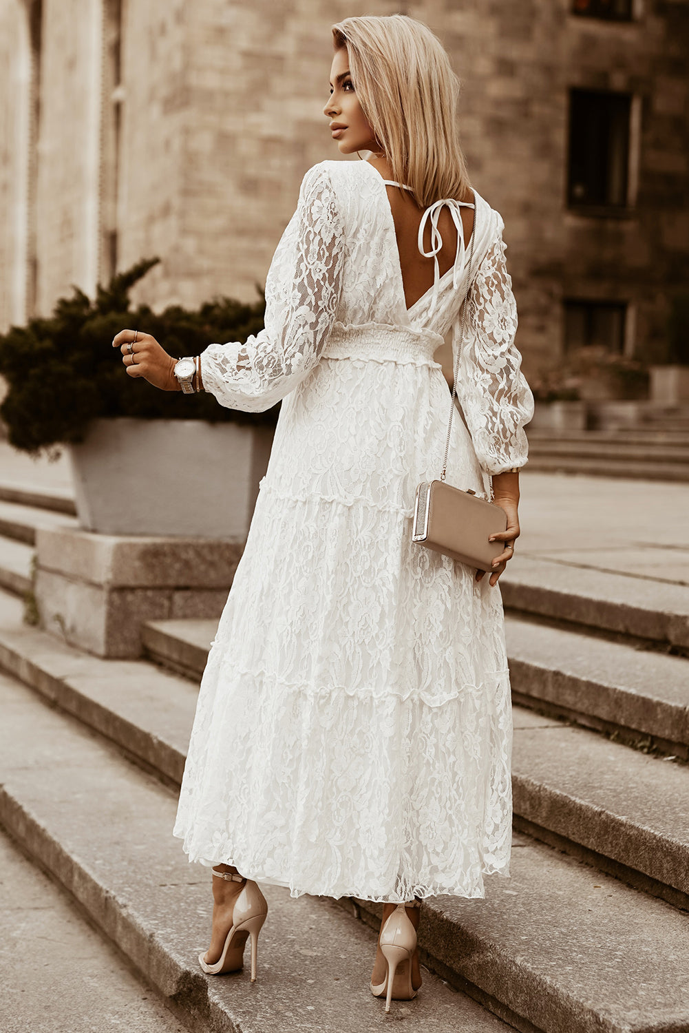 White Bubble Sleeve Tiered Lace Wedding Party Dress Maxi Dresses JT's Designer Fashion