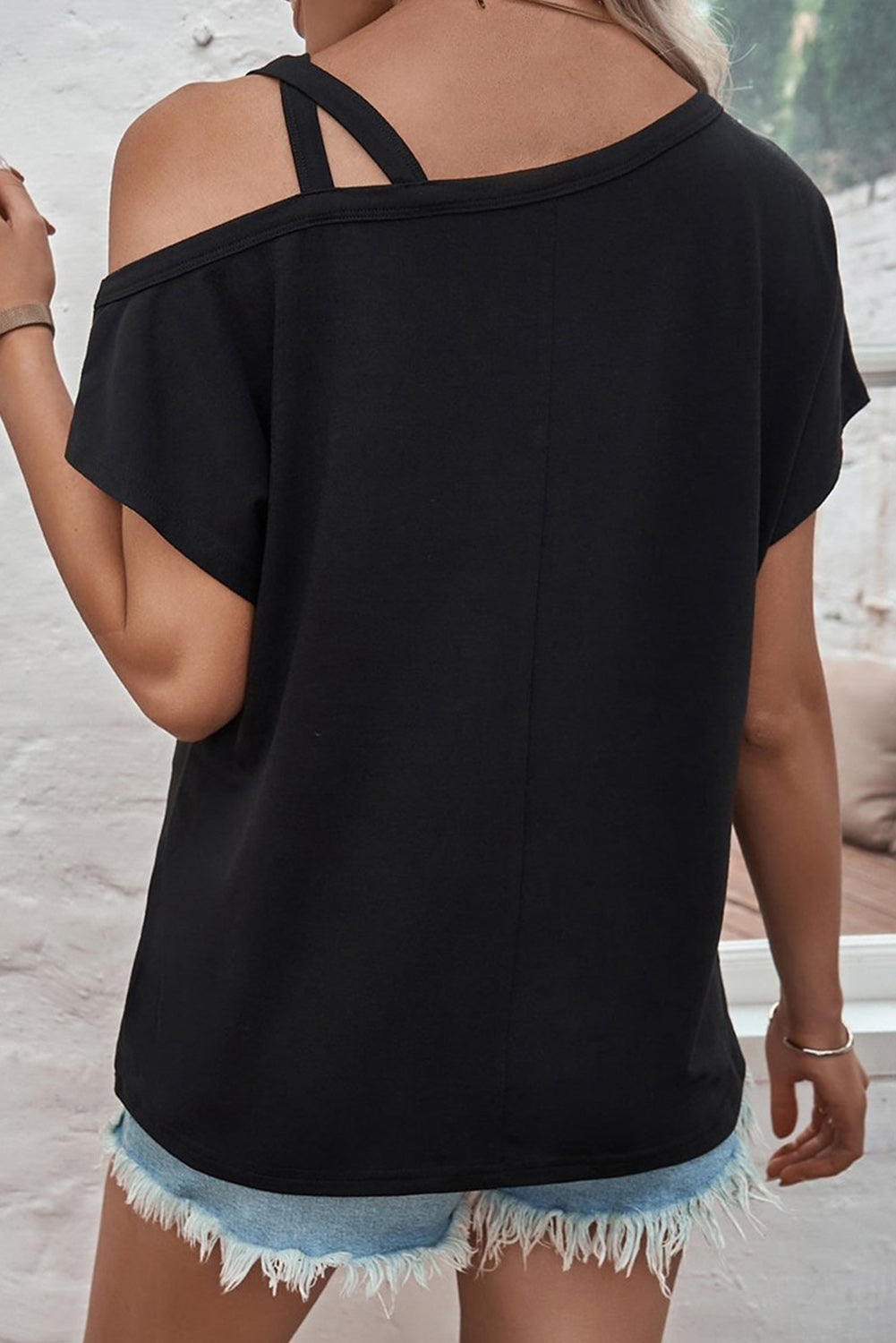 Black Strap Detail Asymmetric Shoulder Plus Size Top Plus Size JT's Designer Fashion