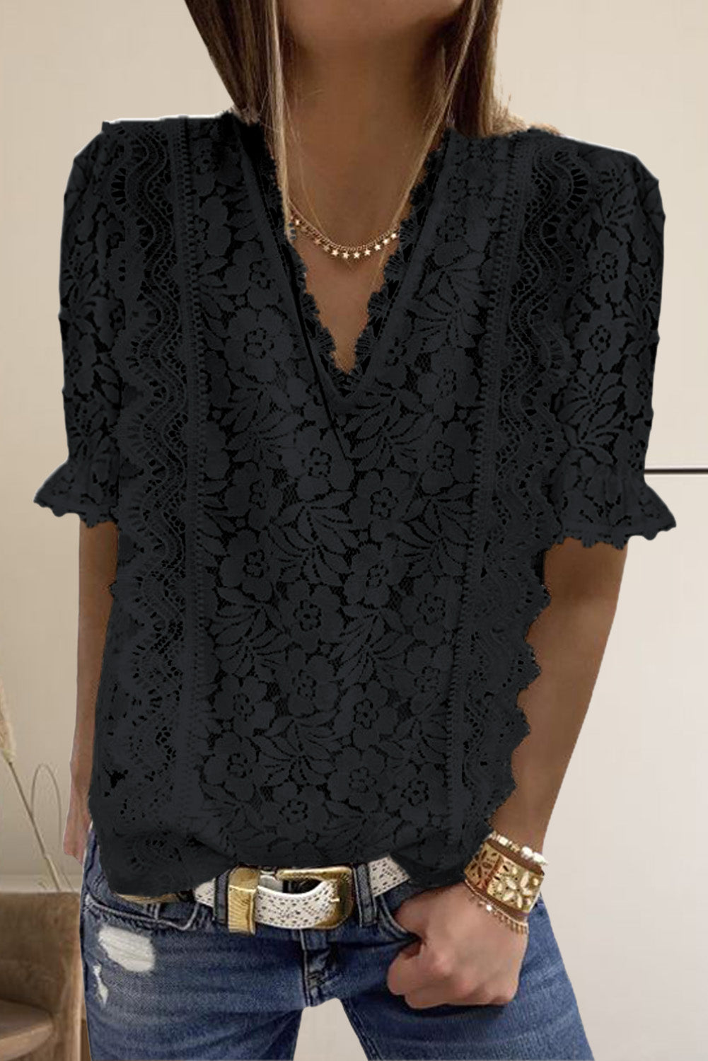 Black V Neck Lace Short Sleeve Top Tops & Tees JT's Designer Fashion