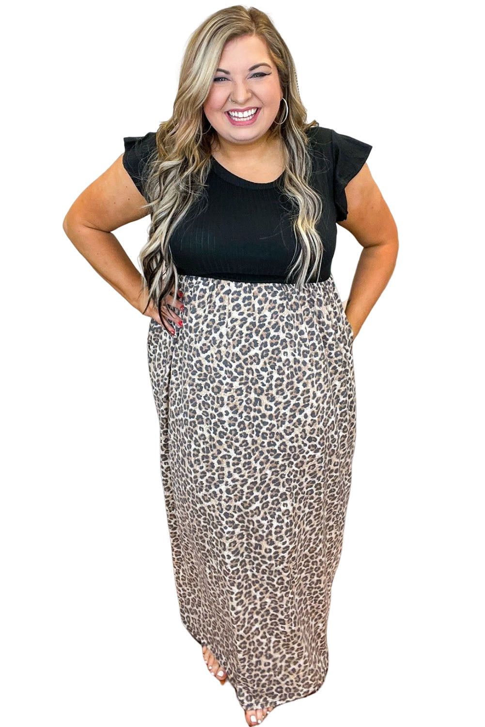 Black Plus Size Rib Leopard Short Sleeve Maxi Dress Plus Size JT's Designer Fashion