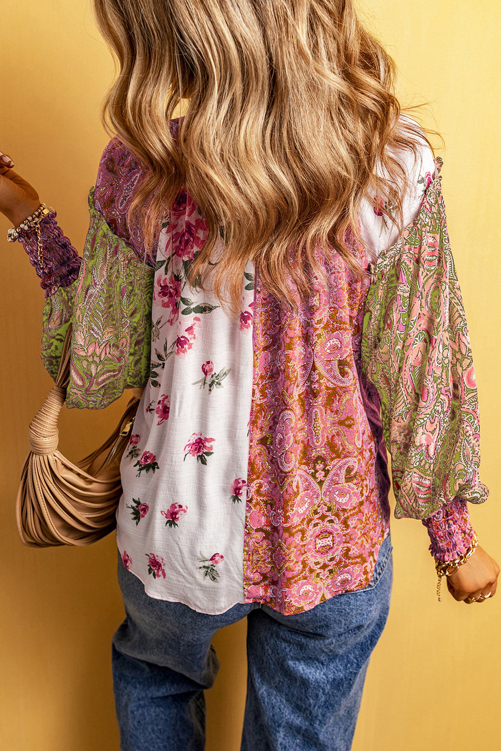 Pirouette Floral Patchwork Shirred Cuff Buttoned V Neck Blouse Tops & Tees JT's Designer Fashion