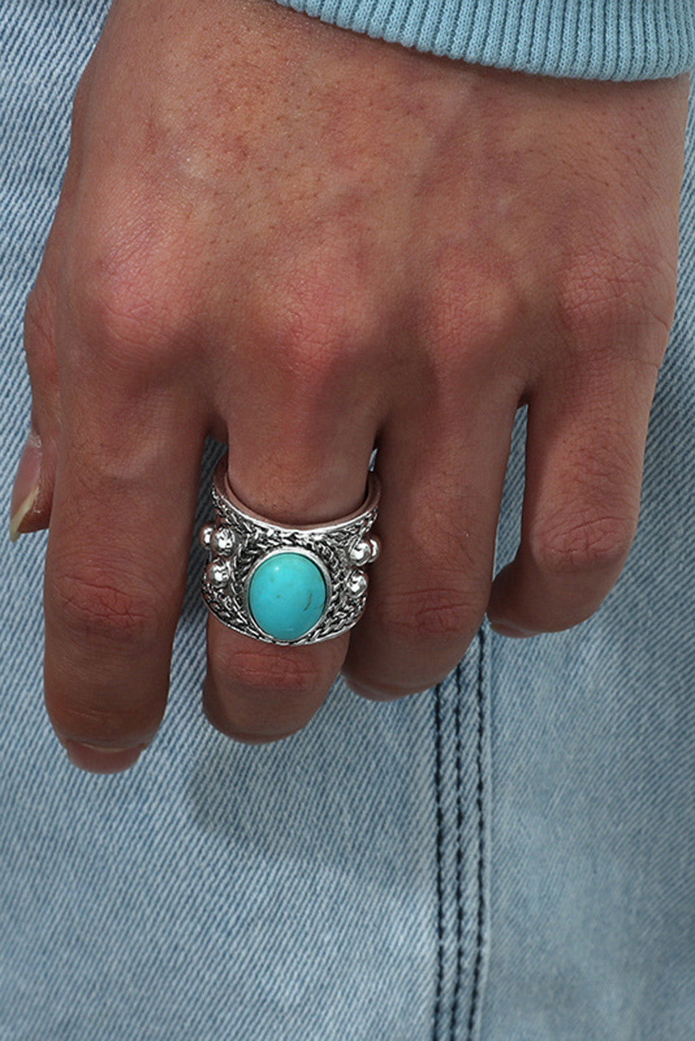 Silver Vintage Turquoise Gem Open Ring Jewelry JT's Designer Fashion