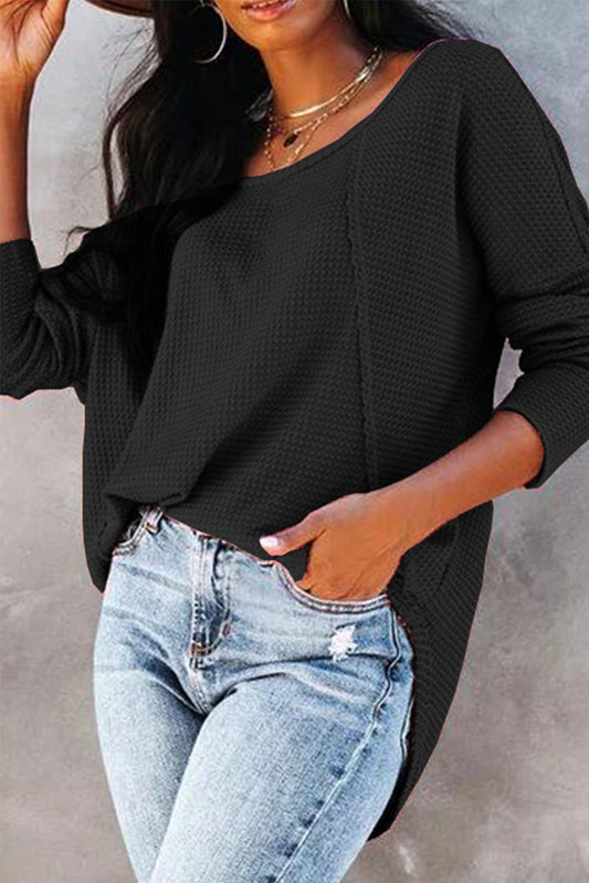 Black Waffle Knit Splicing Buttons Long Sleeve Top Black 70%Polyester+27%Cotton+3%Elastane Long Sleeve Tops JT's Designer Fashion