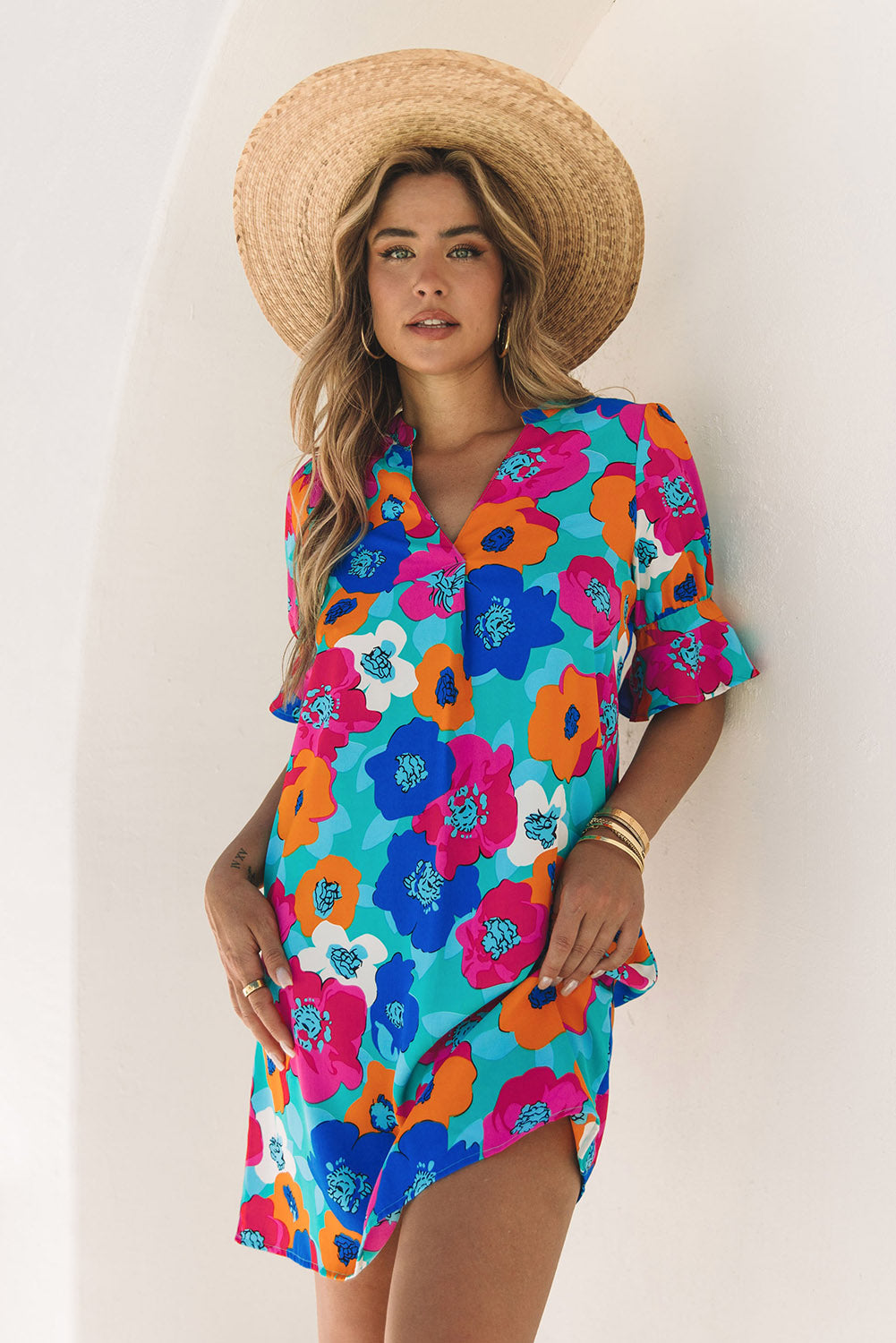 Multicolor Split V Collar Ruffle Sleeve Floral Shift Dress Floral Dresses JT's Designer Fashion