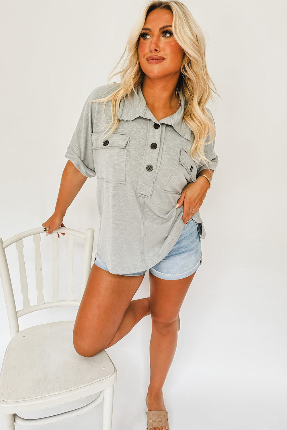 Light Grey Chest Pockets Half Buttoned Collared Blouse Tops & Tees JT's Designer Fashion