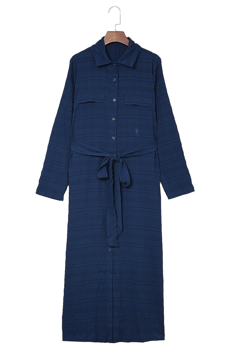 Blue Crinkle Textured Long Sleeve Shirt Dress with Belt T Shirt Dresses JT's Designer Fashion