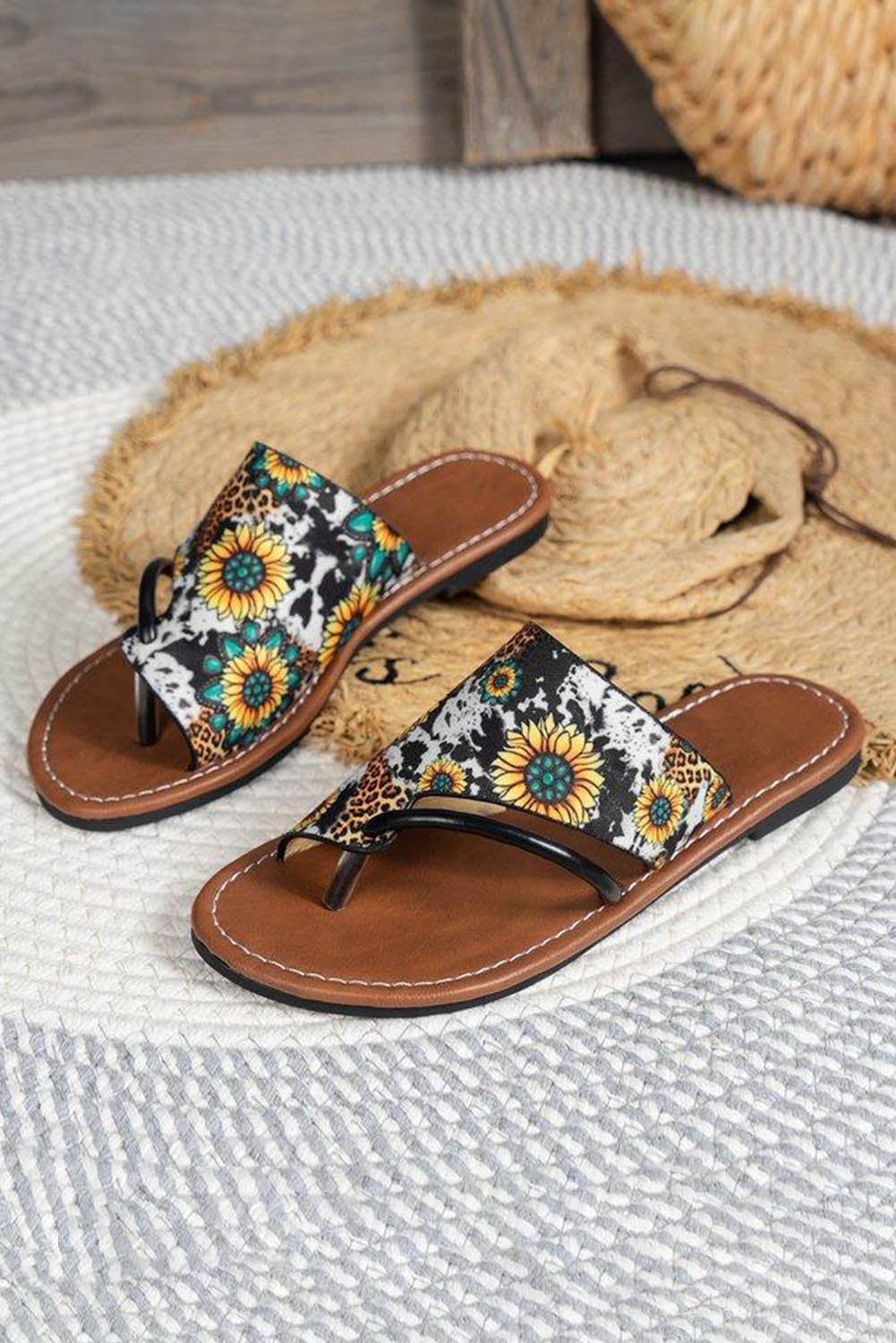 Multicolor Boho Sunflower Print Flat Flip Flops Slippers JT's Designer Fashion