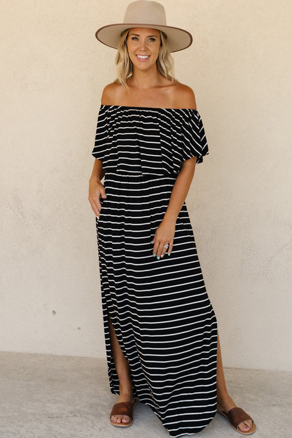 Blue Striped Print Ruffled High Waist Maxi Dress with Side Splits Maxi Dresses JT's Designer Fashion