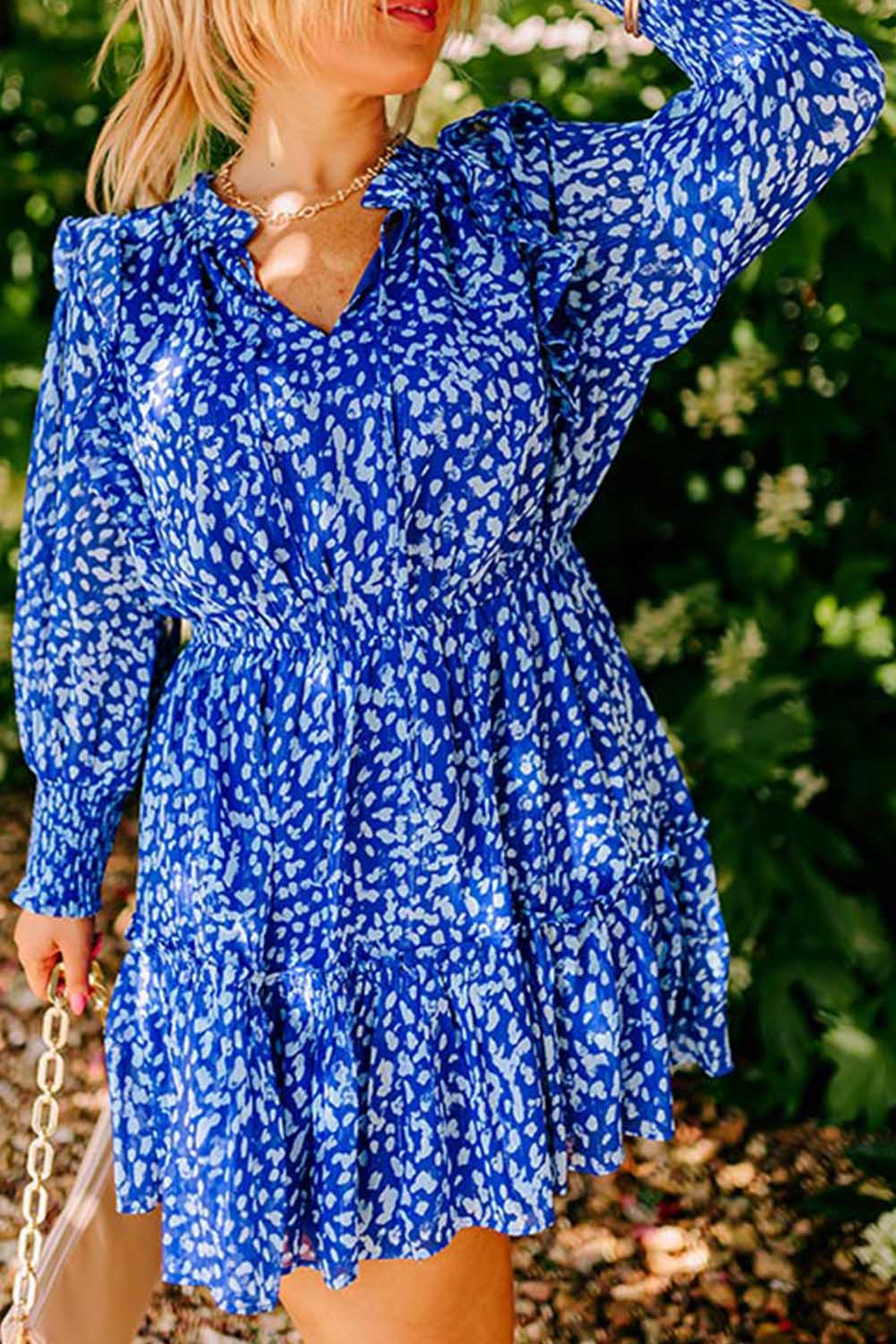 Blue Spotty Print Plus Size Split Neck Ruffle Mini Dress Plus Size JT's Designer Fashion