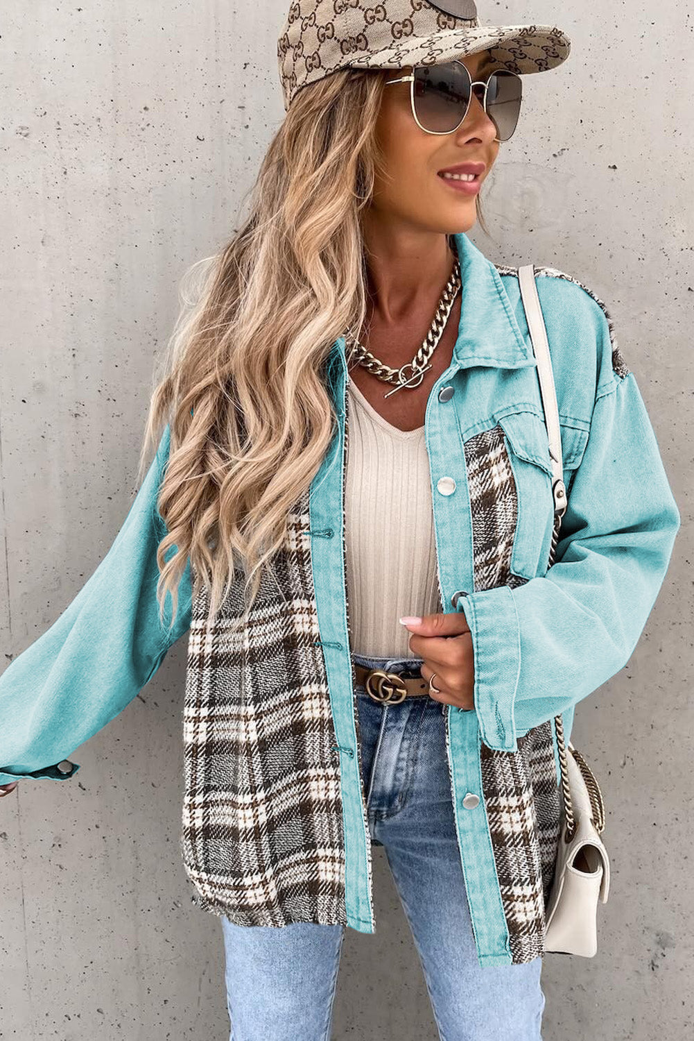 Sky Blue White Plaid Patchwork Pockets Denim Jacket Denim jackets JT's Designer Fashion