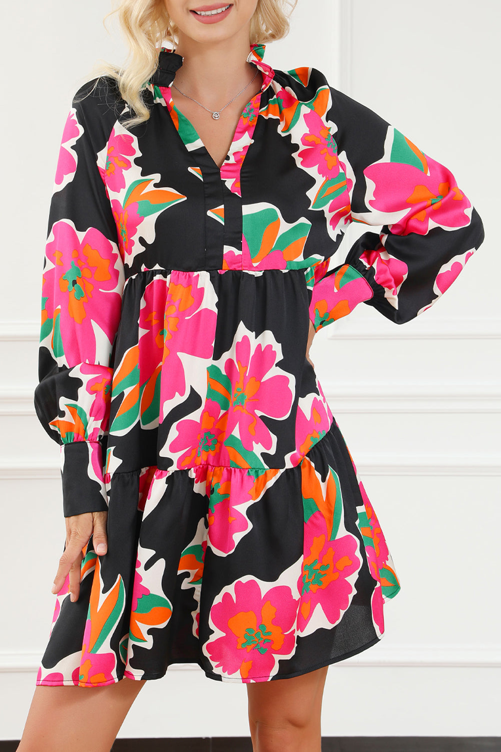 Multicolour Frill Collar Split Neck Long Sleeve Floral Dress Floral Dresses JT's Designer Fashion