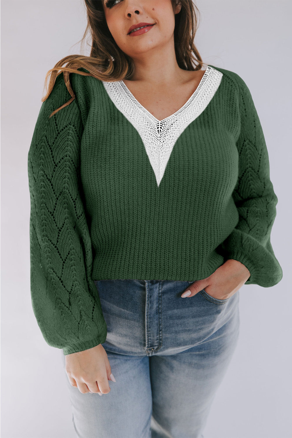 Green Contrast Lace V Neck Puff Sleeve Curvy Sweater Plus Size JT's Designer Fashion