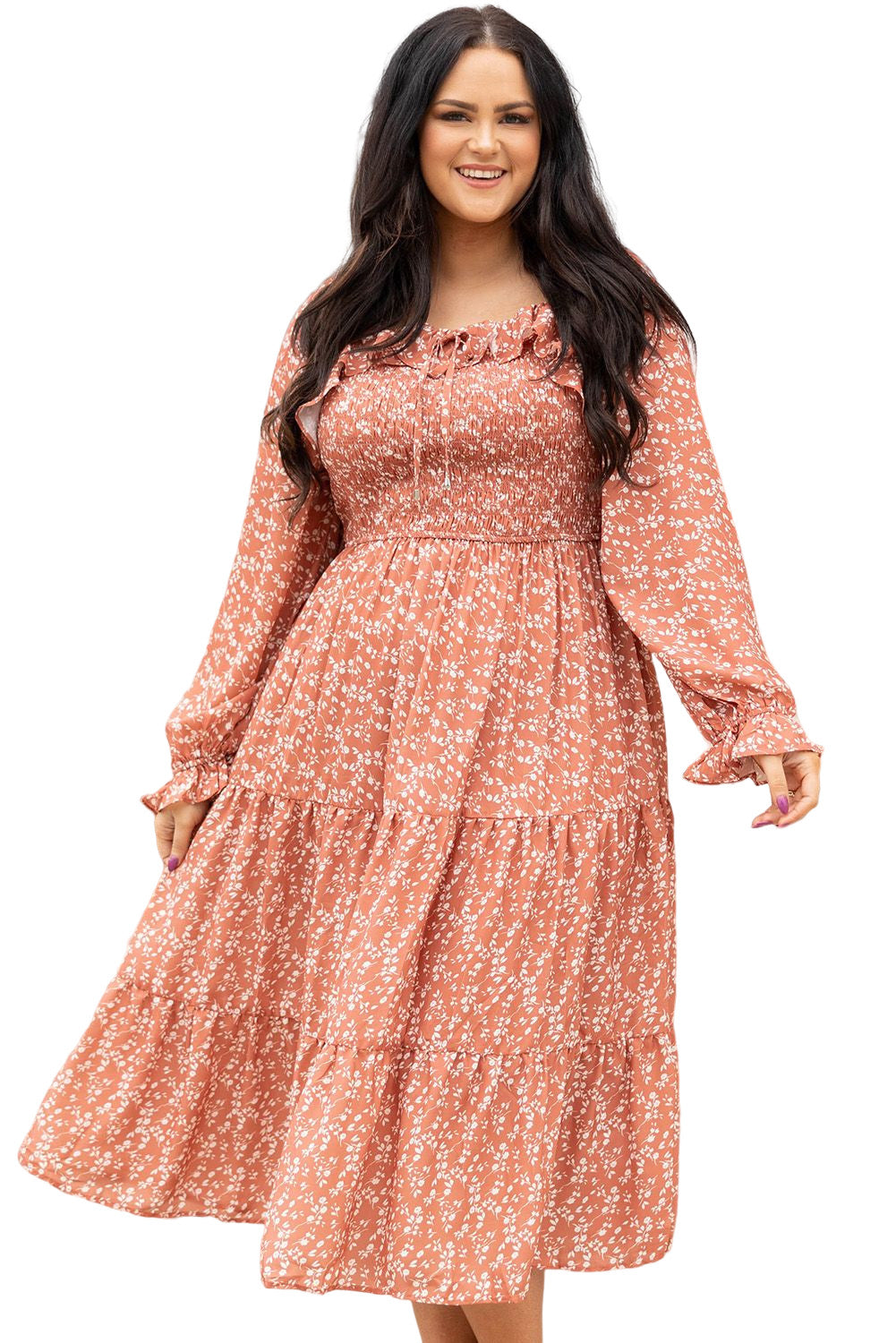 Orange Plus Size Floral Print Smocked Tiered Long Dress Plus Size Dresses JT's Designer Fashion