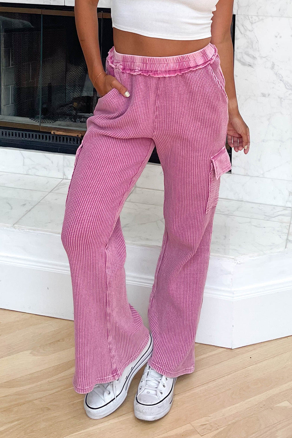 Dark Pink Cargo Pocket Waffle Knit Pants Bottoms JT's Designer Fashion