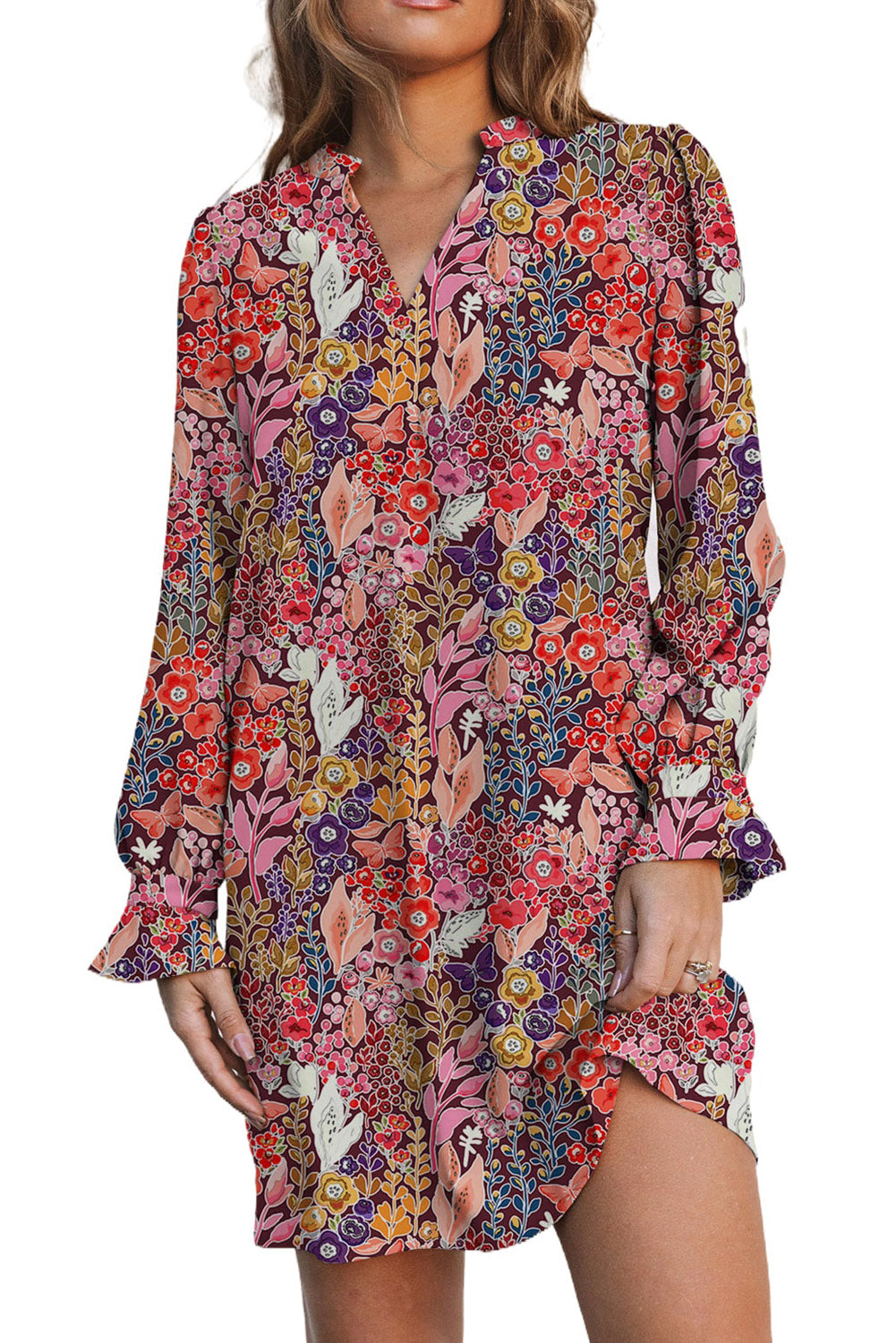 Multicolor Floral Print Long Sleeve Ruffled Mini Dress Dresses JT's Designer Fashion