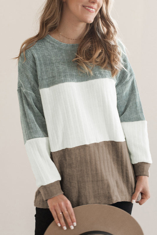 Multicolor Knit Texture Color Block Long Sleeve Top Multicolor 100%Polyester Long Sleeve Tops JT's Designer Fashion