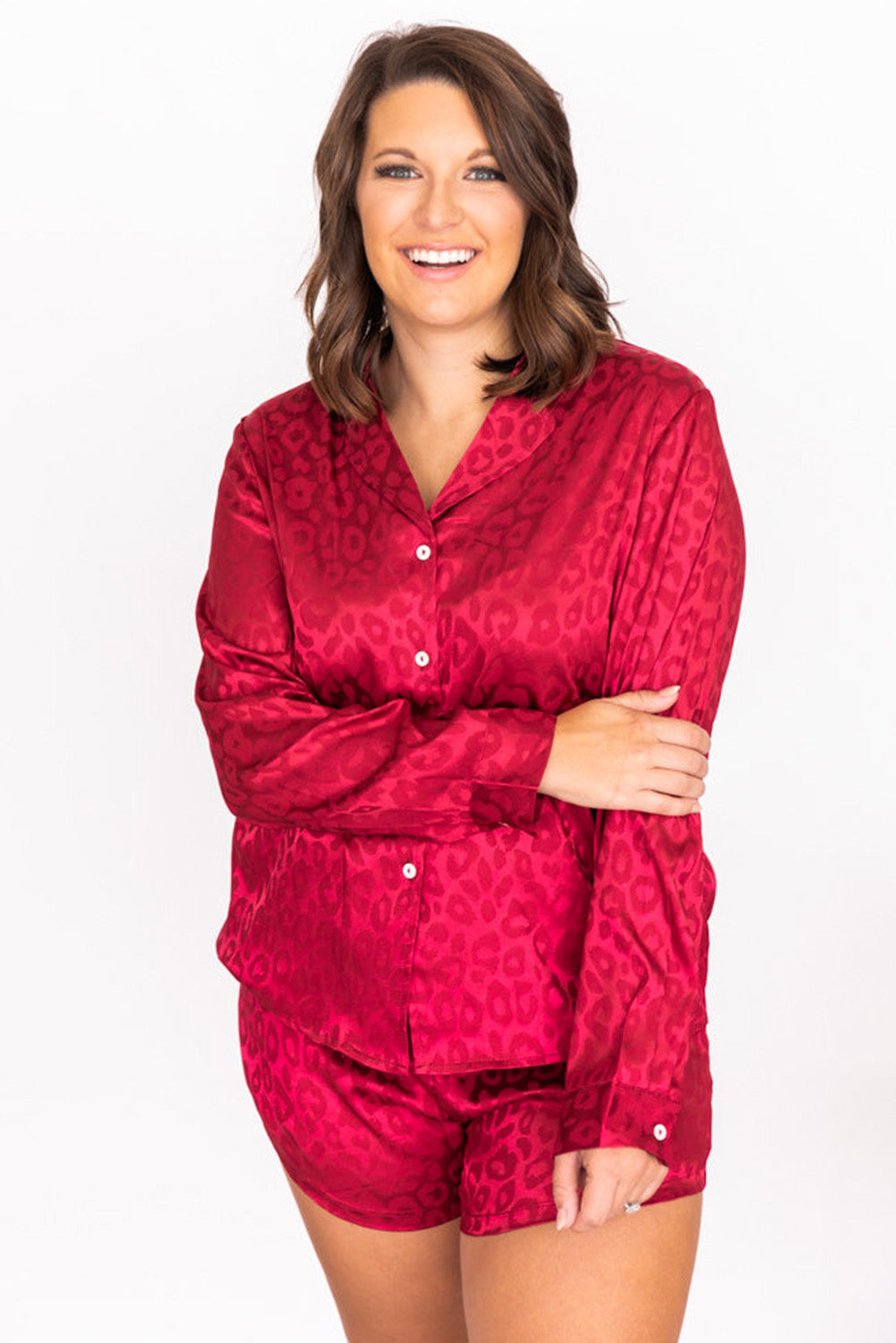 Red Leopard Print Long Sleeve Satin Plus Size Sleepwear Plus Size JT's Designer Fashion