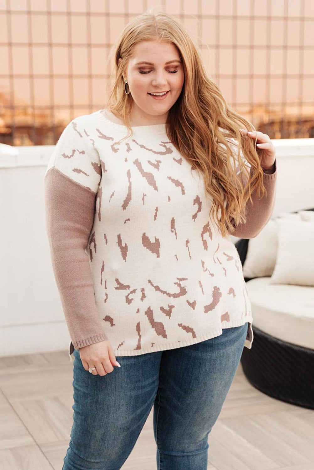 White Leopard Spots Knitted Contrast Sleeved Plus Size Sweater Plus Size JT's Designer Fashion