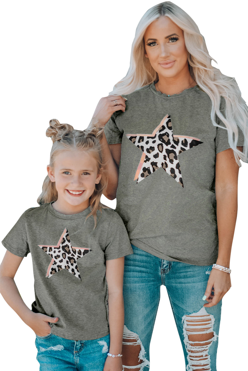 Gray Leopard Star Print Crew Neck Short Sleeve T Shirt Family T-shirts JT's Designer Fashion