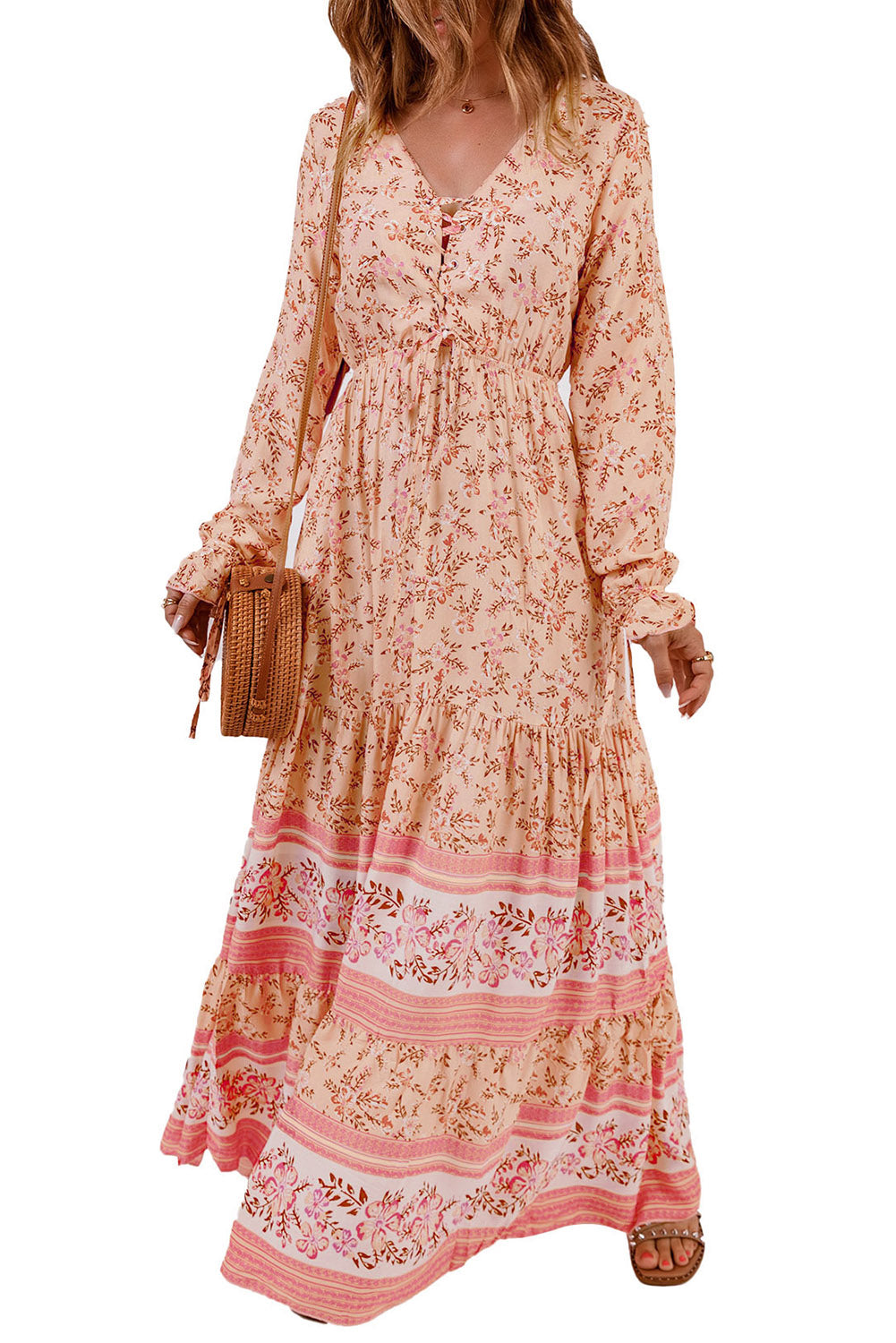 Orange Drawstring Lace-up V Neck Long Sleeve Floral Maxi Dress Maxi Dresses JT's Designer Fashion