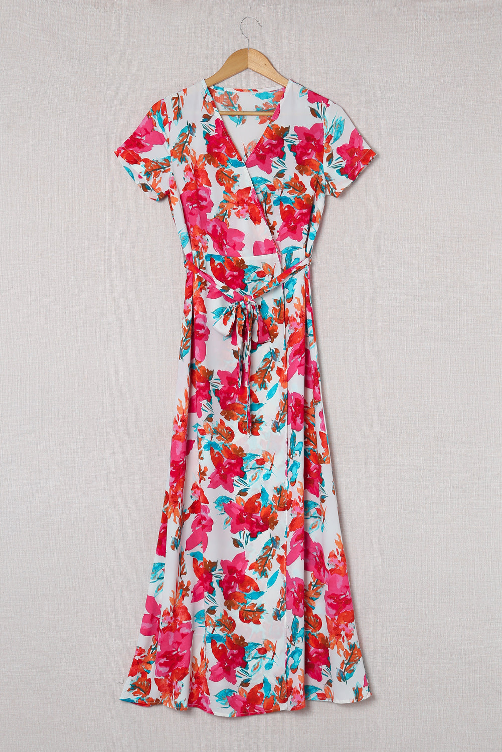 Rose Wrap V Neck Short Sleeve Floral Maxi Dress Floral Dresses JT's Designer Fashion