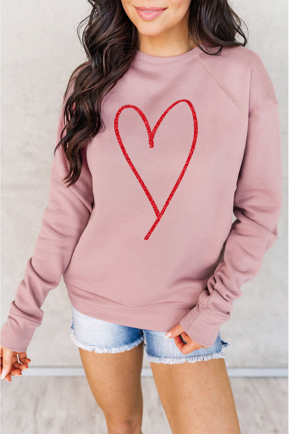 Pink Heart Glitter Graphic Raglan Pullover Sweatshirt Graphic Sweatshirts JT's Designer Fashion