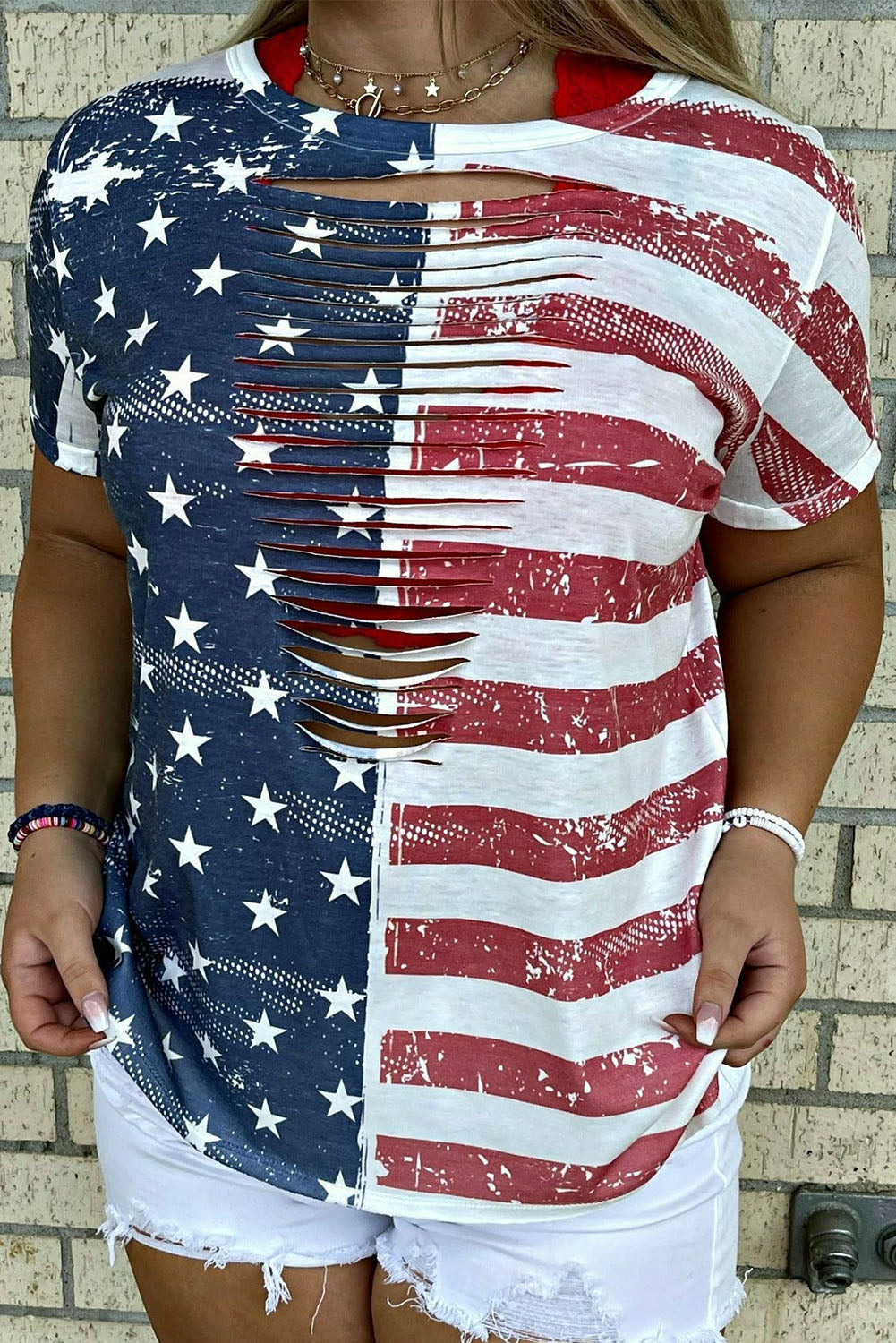 Multicolor Plus Size Laser Cut USA Flag Printed T-shirt Plus Size JT's Designer Fashion