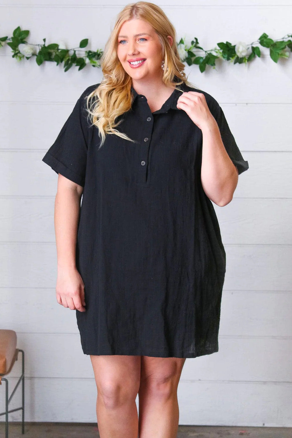 Black Plus Size Shirt Collar Buttoned Short Sleeve Shift Dress Plus Size JT's Designer Fashion