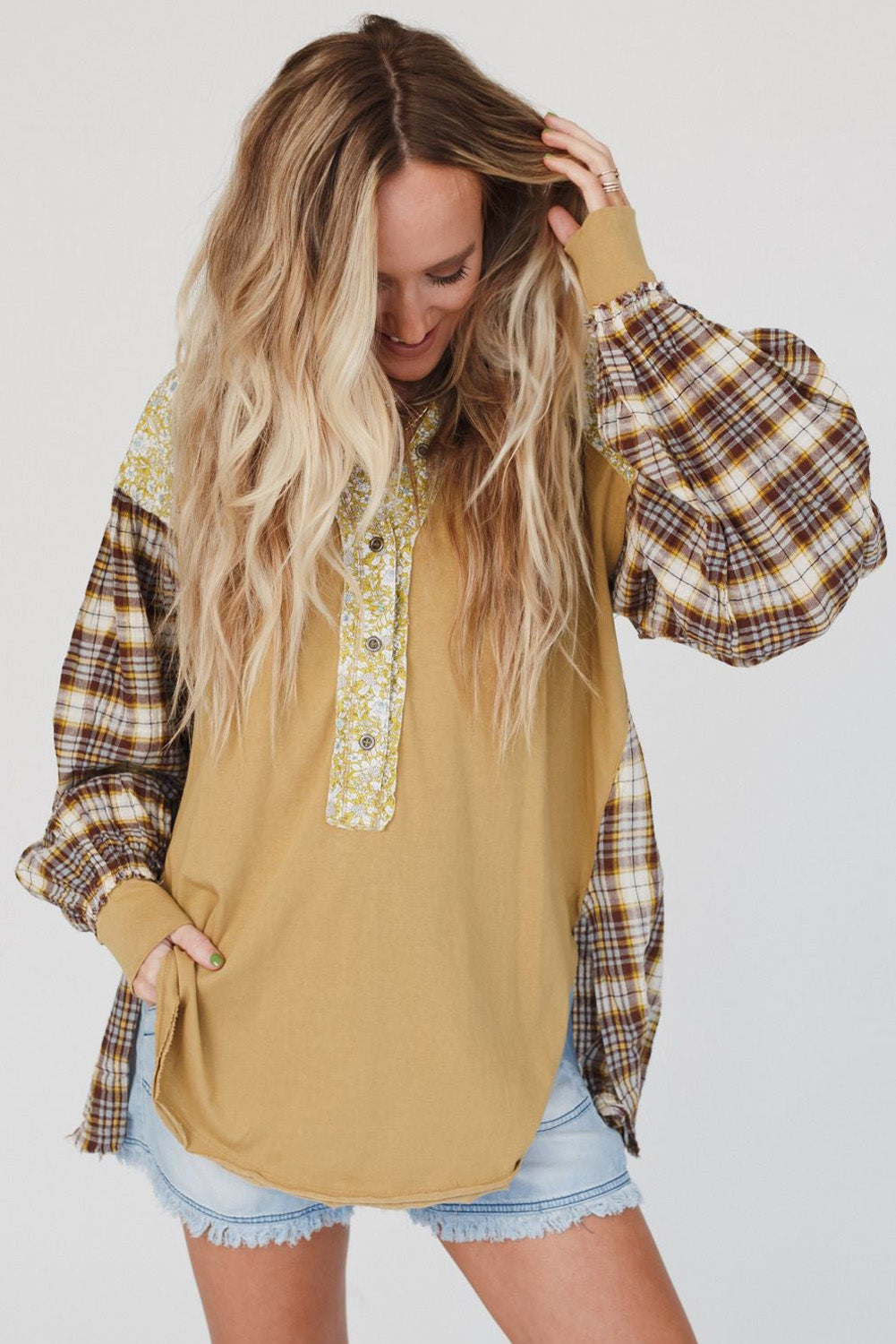 Yellow Floral Plaid Mixed Print Bishop Sleeve Patchwork Top with Slits Tops & Tees JT's Designer Fashion