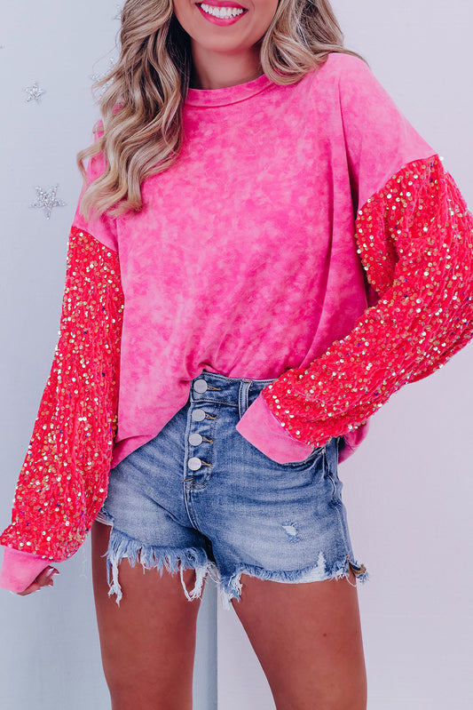 Strawberry Pink Sequin Sleeve Contrast Mineral Washed Sweatshirt Pre Order Sweatshirts & Hoodies JT's Designer Fashion